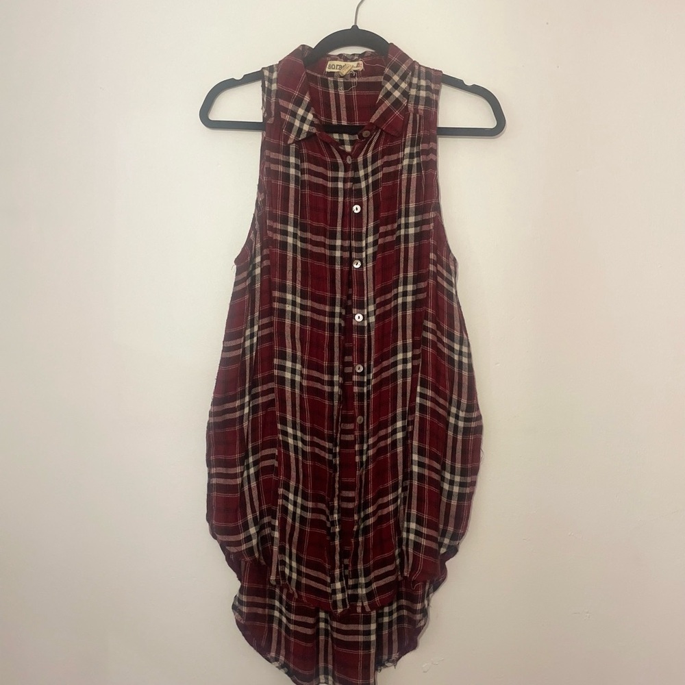 Red Plaid Sleeveless Button-Up Shirt